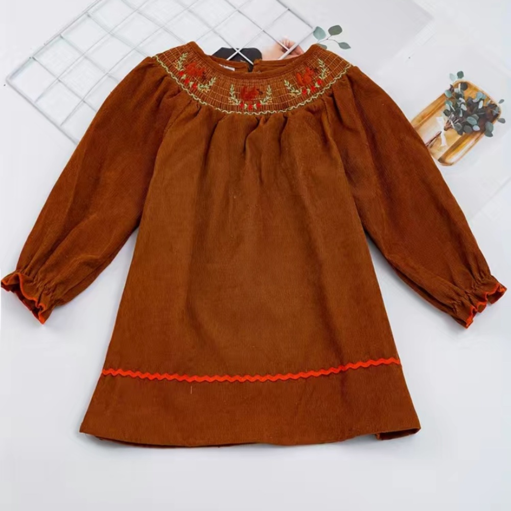 🆕 brown smocked squirrel ruffle trim dress